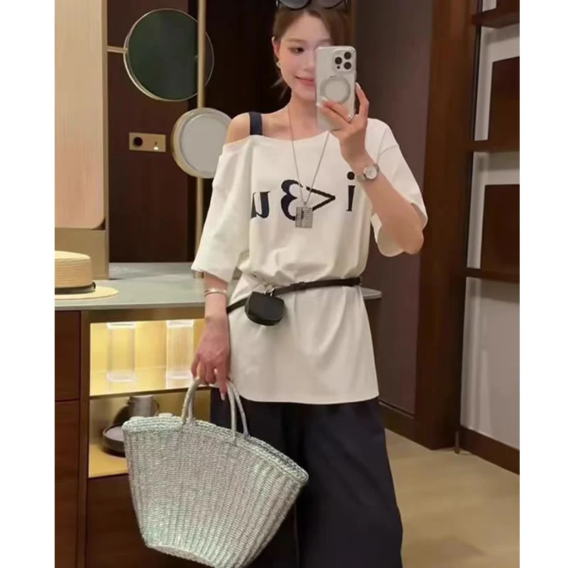 805小众设计款 一字领露肩宽松短袖T恤