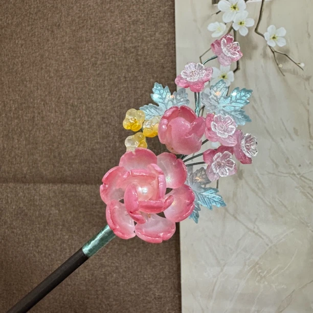 904琉璃木簪发饰汉服古风旗袍盘发头饰簪发花朵