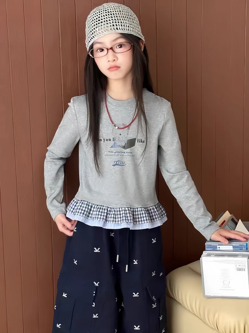 2025秋季新款韩版宽松百搭女童格纹花边拼接长袖T恤童装上衣潮