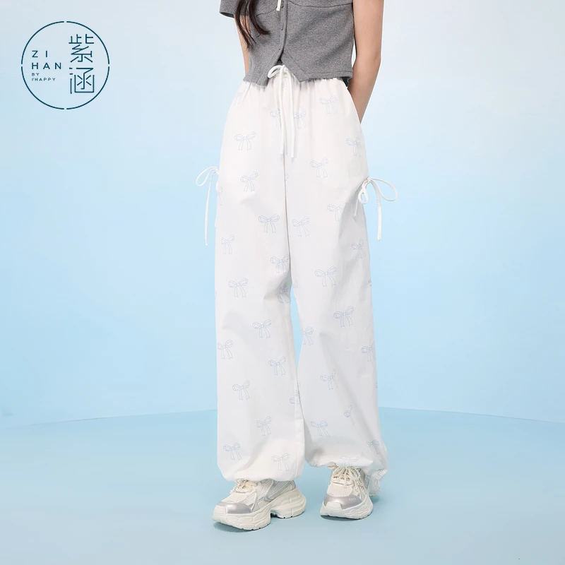 紫涵蝴蝶结满印休闲裤女2025年夏季新款高腰宽松长裤Z5Z04BS336