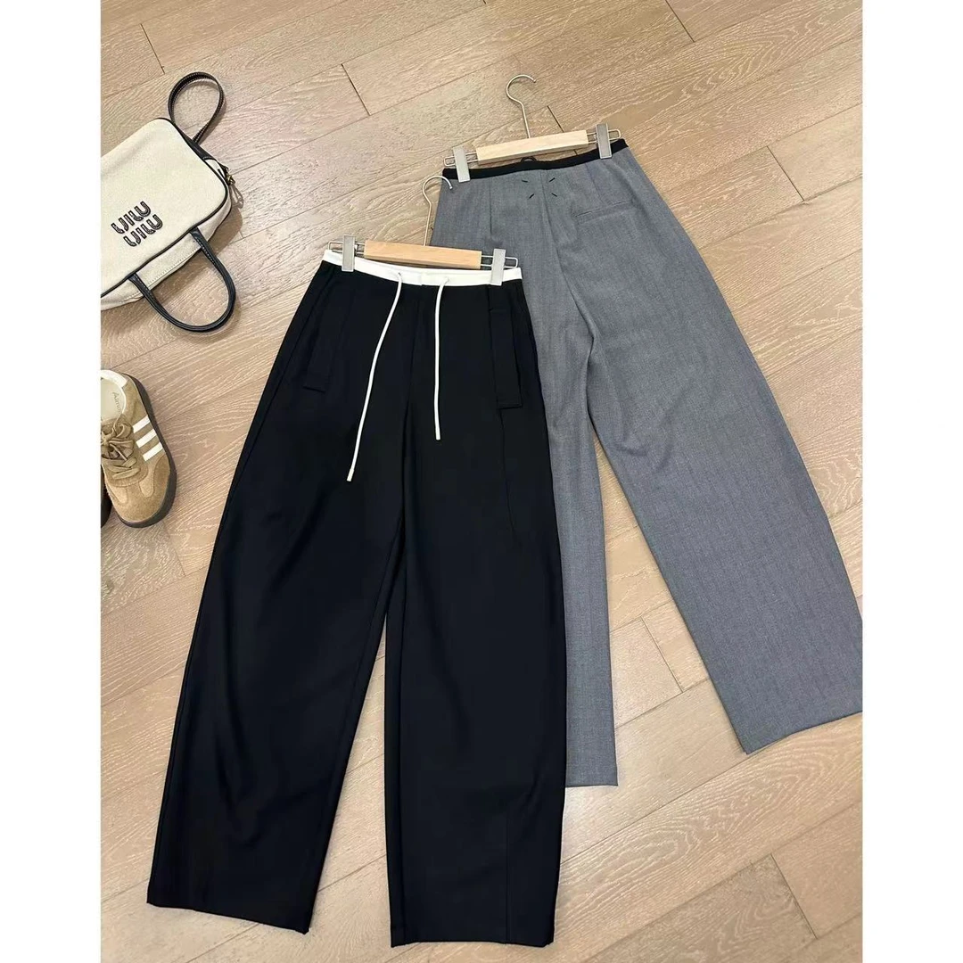 小静静一会 拼色腰头四角标抽绳休闲西裤 2407B3185