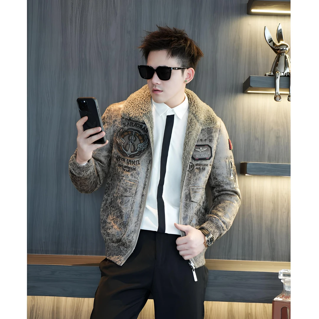 CLL【秋冬限定】轻奢高品质修身翻领飞行服羊毛外套休闲加厚夹克男