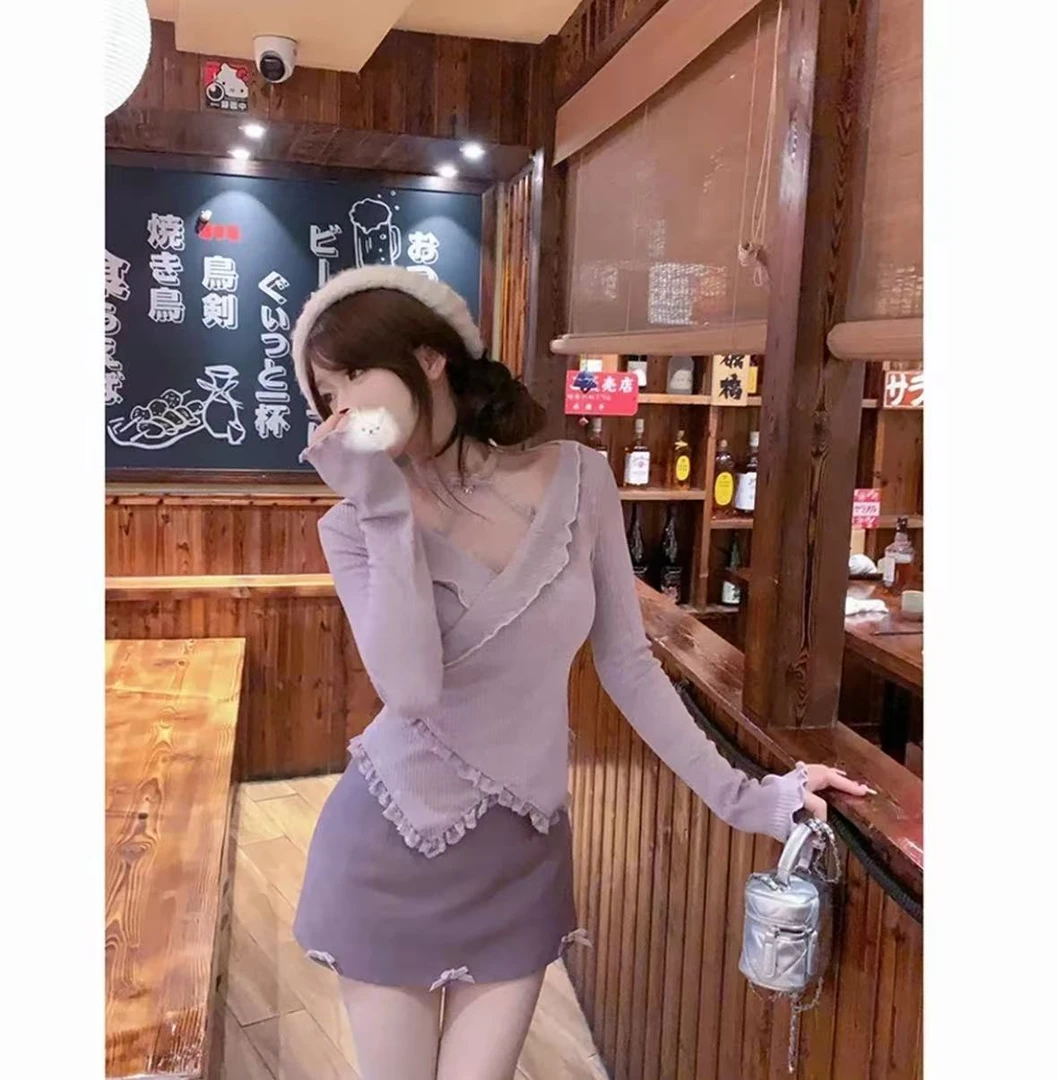 3i11-1300甜美温柔风纯欲甜辣妹蕾丝挂脖V领上衣高腰包臀半裙套装