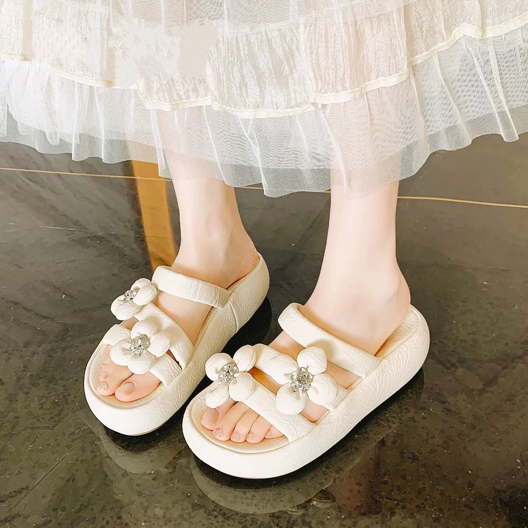 外穿耐磨夏季厚底花朵修面皮一字拖凉拖鞋防滑平底日奢风单鞋夏天