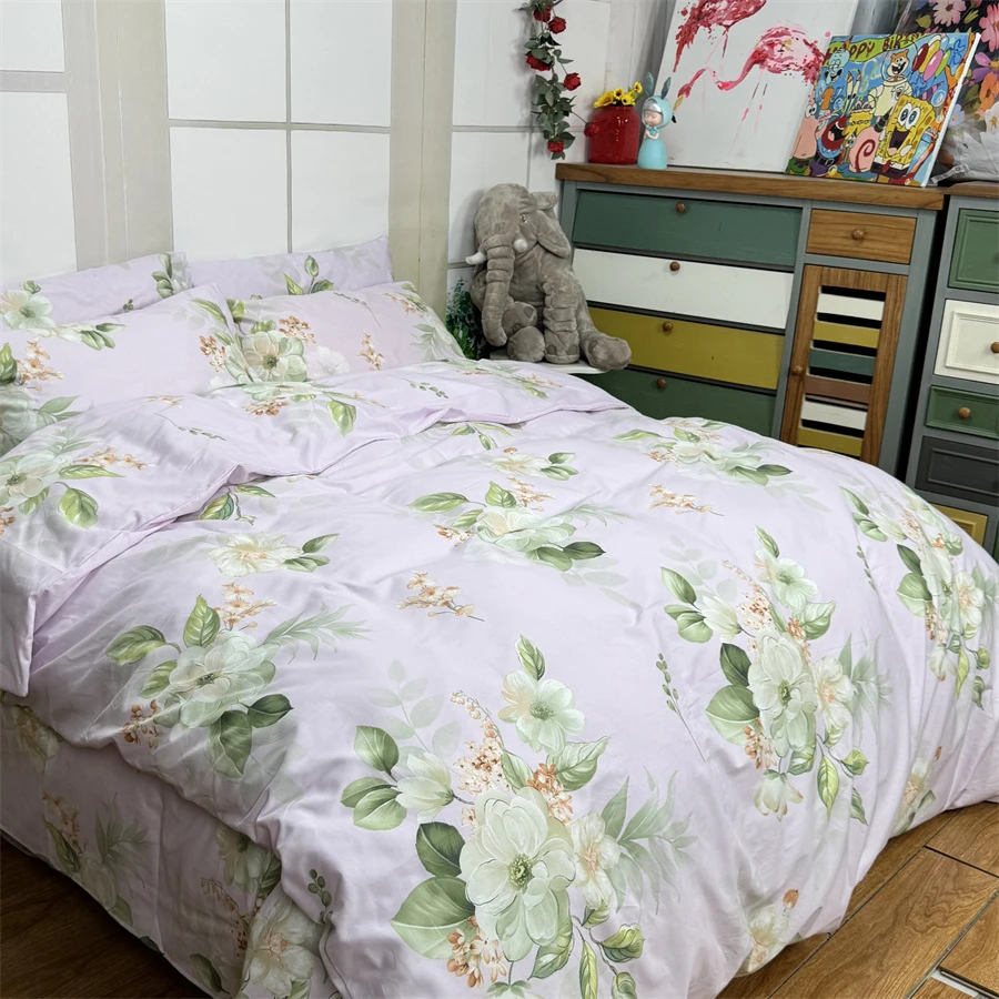 浅黛淡紫色简约大花床上用品四件套纯棉全棉床单被套清新田园绿色