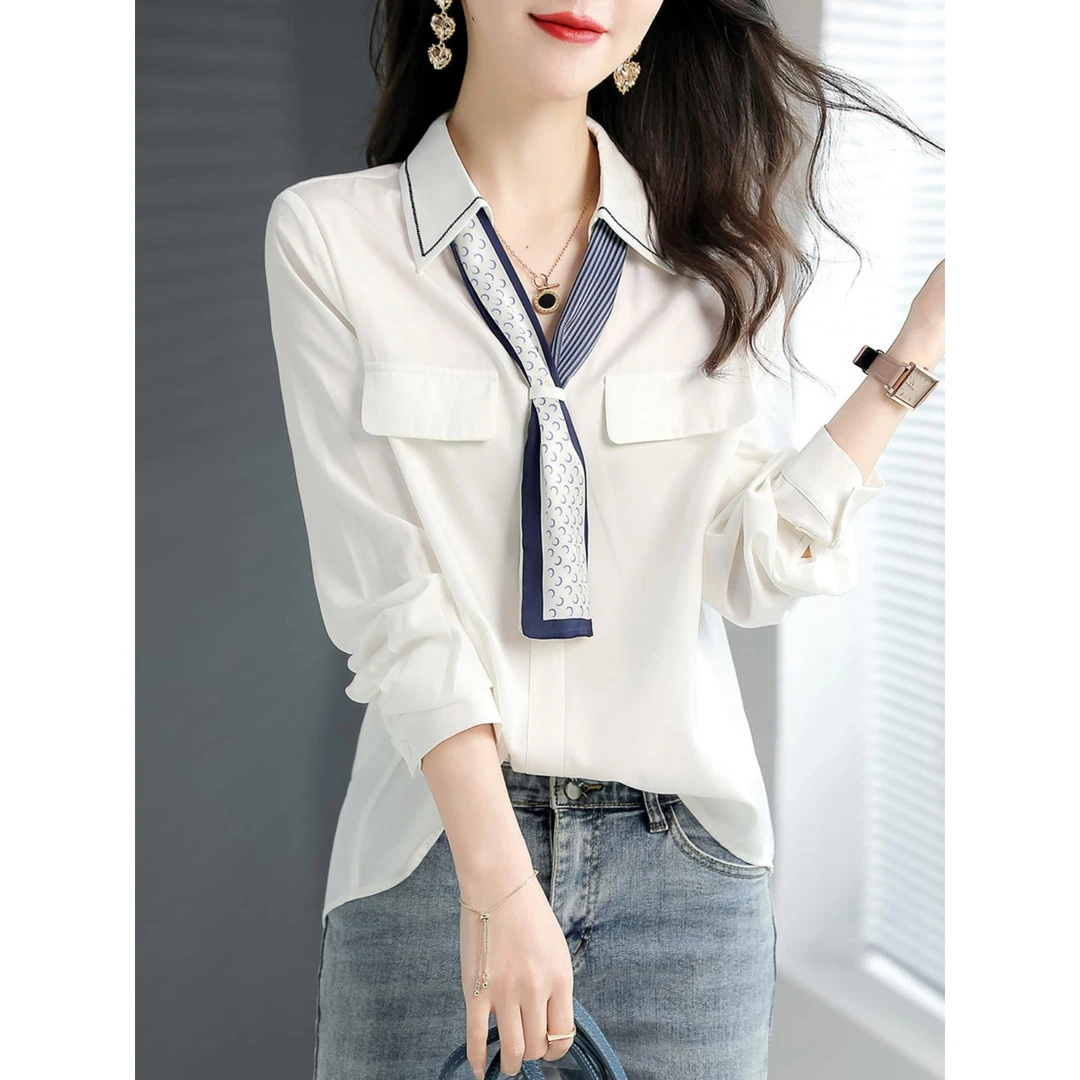 职业阿玛诗官2025春秋新款百搭Polo领飘带纯色雪纺长袖衬衫女上衣