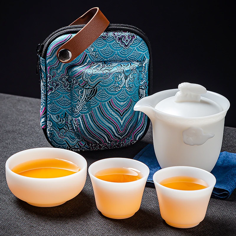 冰种玉瓷旅行茶具一壶3杯德化白瓷祥云禅意快客杯户外便携式泡茶