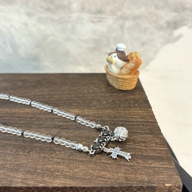 铜合金仿水晶项链 三黑爱心蓝十字项链XL2839