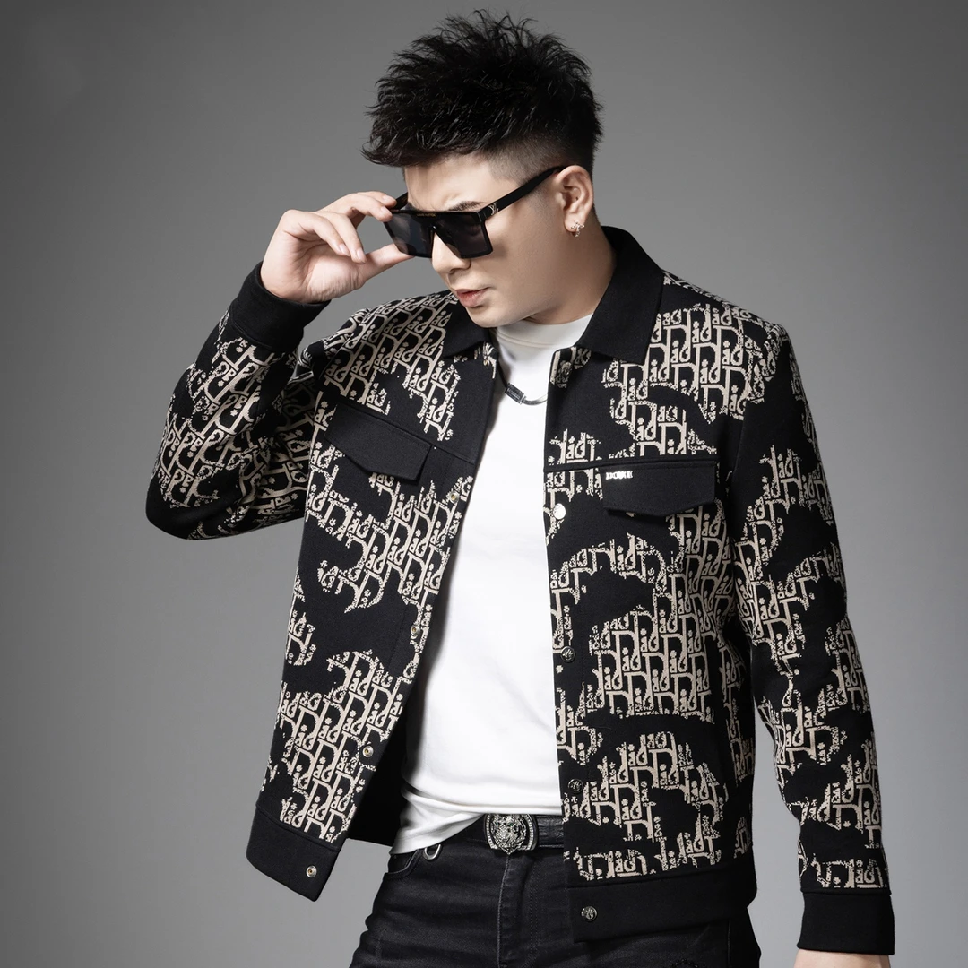 男士轻奢时尚针织夹克秋冬新款高级感潮流字母提花翻领痞帅外套