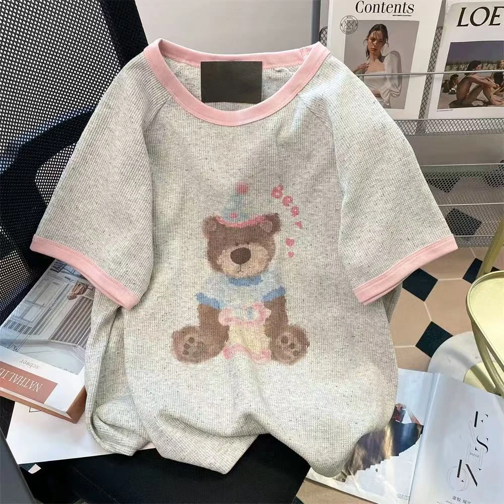 女童2025夏季新款短袖T恤中大童可爱小熊印花上衣韩版宽松洋气潮