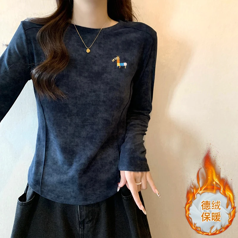 扎染磨毛德绒打底衫女2025年新款内搭修身鱼骨线加厚上衣秋冬季潮