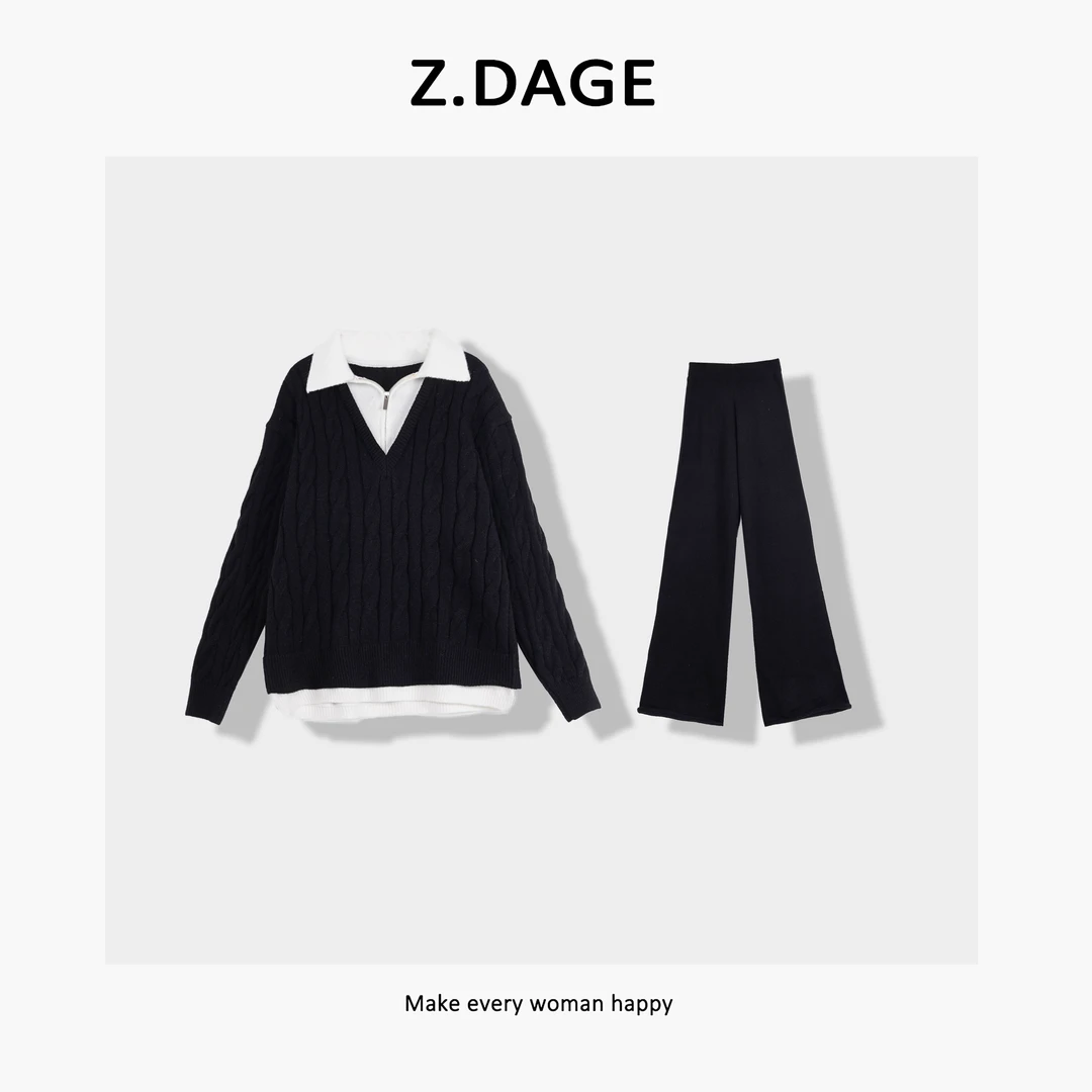 z.dage-‘塞里木湖岸边’时尚秋冬慵懒风V领拉链设计套装-8803
