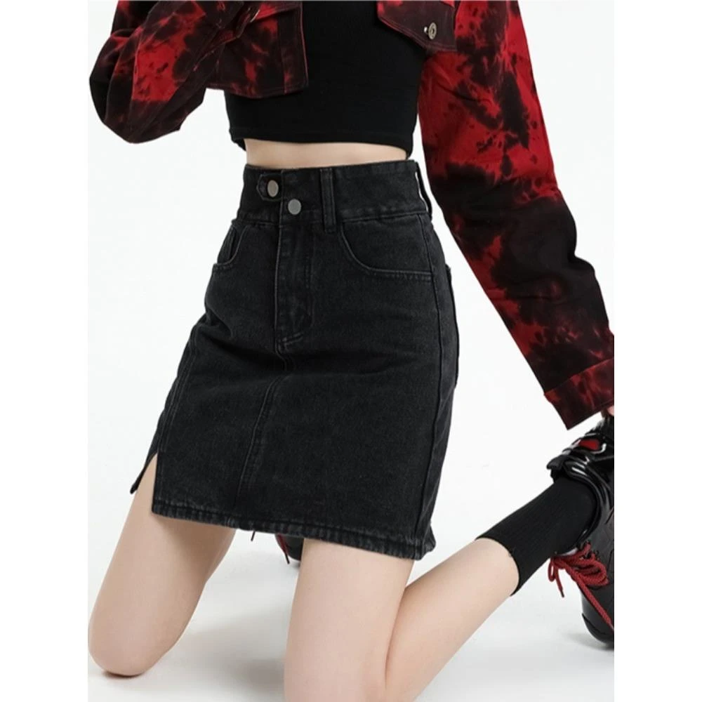 黑色开叉牛仔超短裙女半身裙夏季大码胖mm显瘦新款高腰a字包臀裙