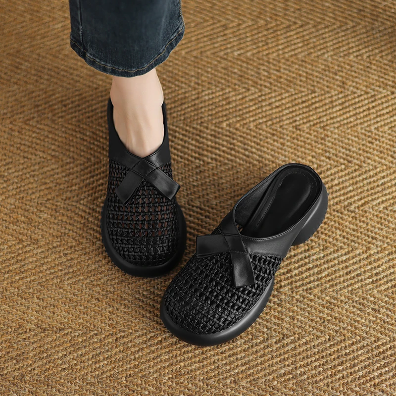 牛皮/6.5cm/时尚百搭夏季透气软底洞洞中跟厚底高跟外穿半拖鞋女