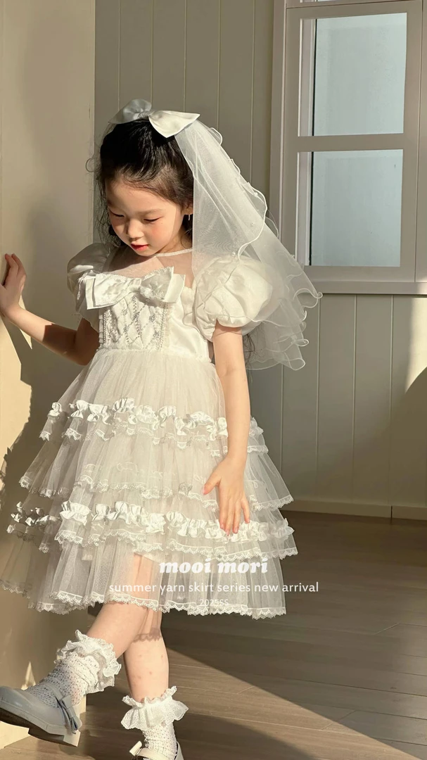 mooimori莫莉岛女童夏季新款洛丽塔白色花童公主礼服蓬蓬连衣裙子