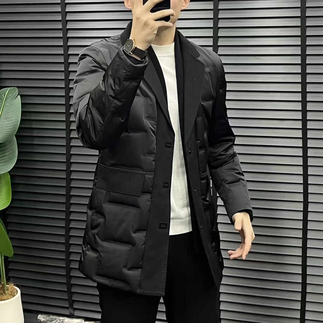 HS冬季新款HH8679男士欧货老钱风商务休闲平驳领中长款羽绒服