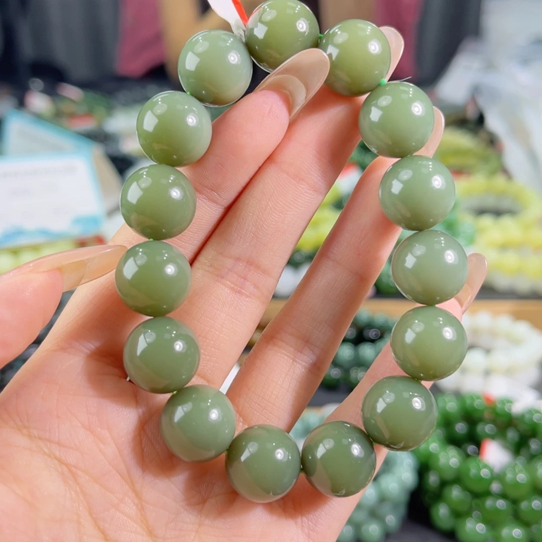 好***的未镶嵌手链和田玉纯天然和田玉14mm新疆沙枣青圆珠