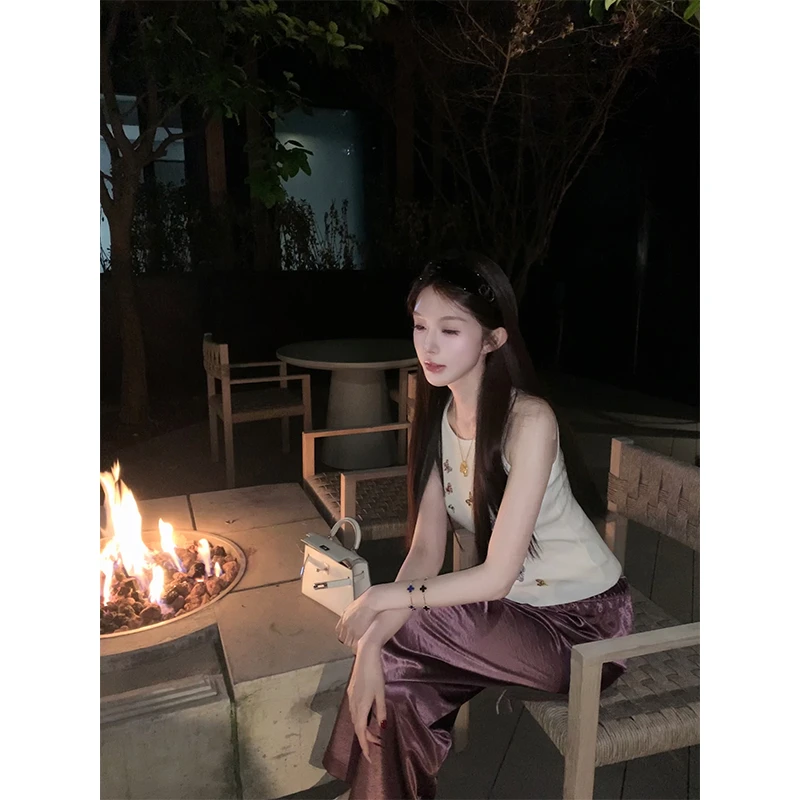 【张稚昂studio】紫气东来 老钱风醋酸缎面质感阔腿裤+蝴蝶刺绣背心
