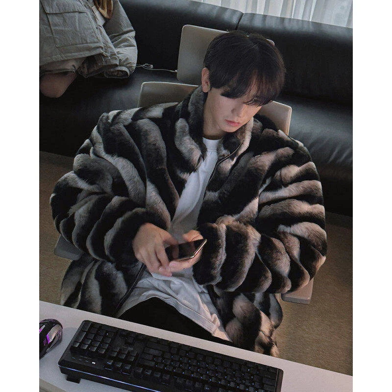 韩系立领波浪仿貂毛龙猫纹棉服男冬季短款加厚高级感保暖毛绒外套