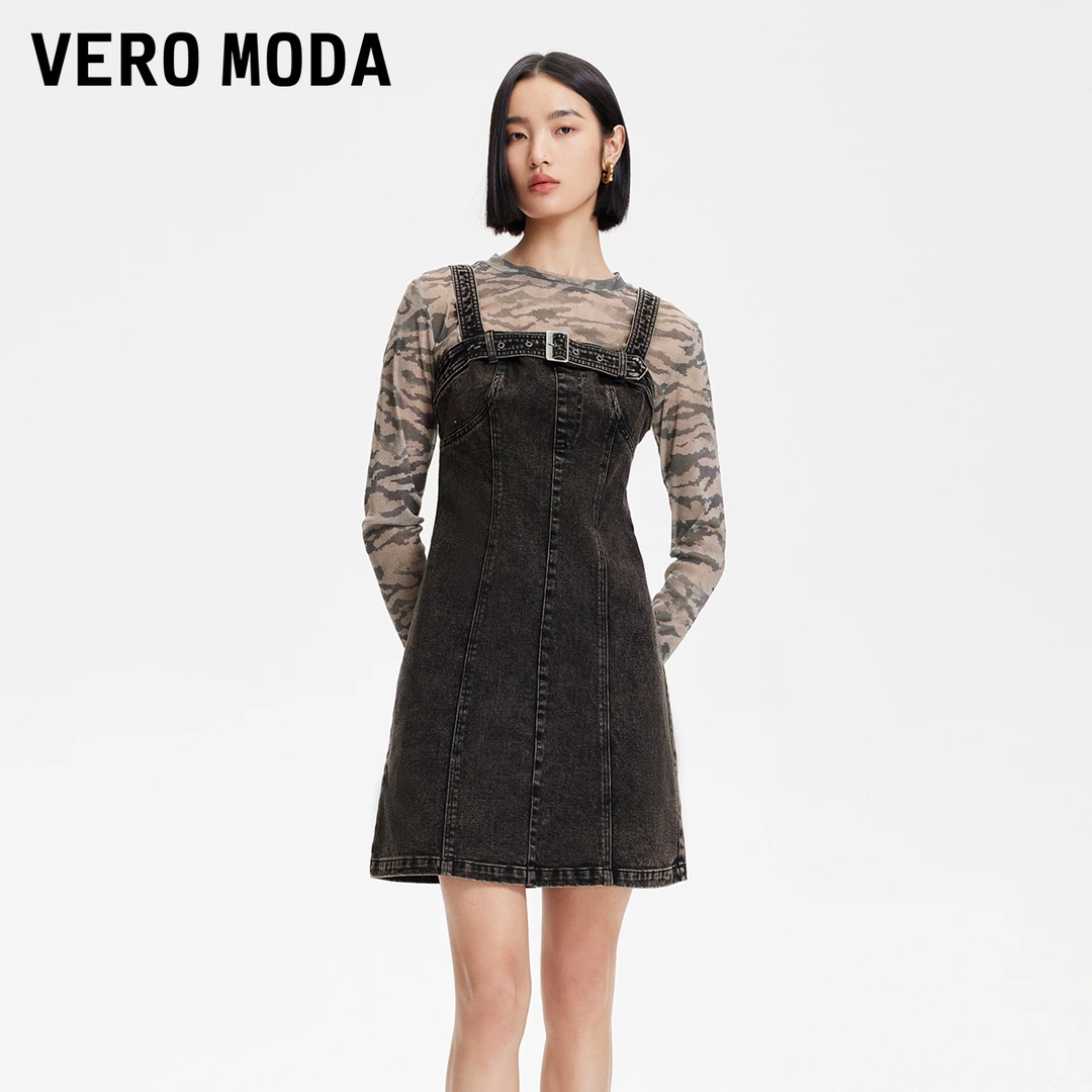 Vero Moda连衣裙女25小众洋气真两件豹纹印花T恤牛仔裙325242002