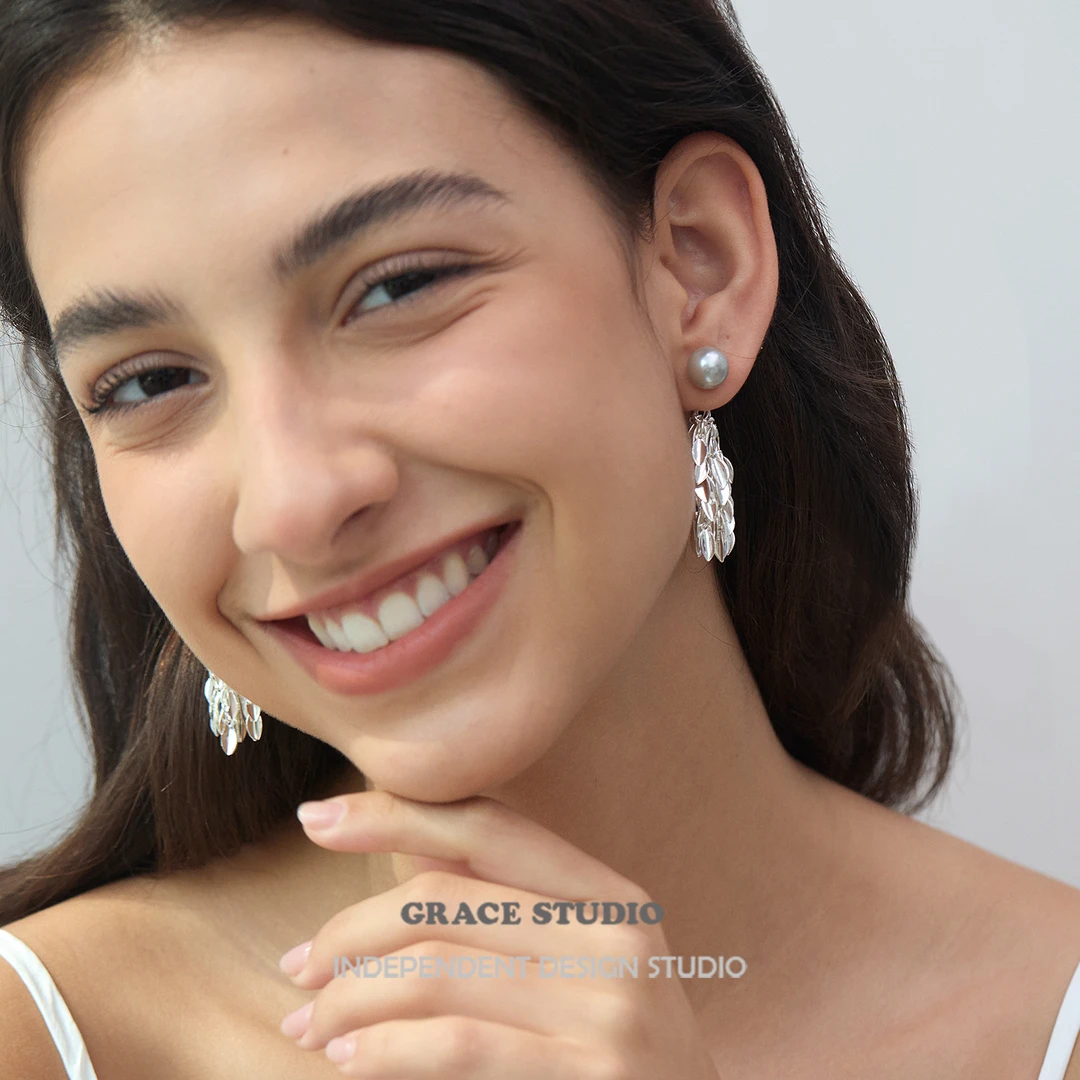 铜合金仿珍珠耳饰 日韩灰珍珠麦穗流苏长款耳环可拆两戴亮片耳饰