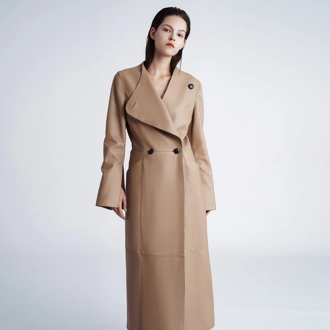 【孤品特价不退换】洛哥19917新款绵羊皮设计感双排扣中长款外套