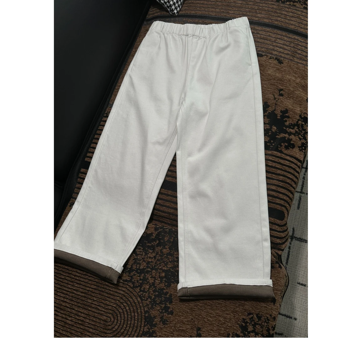 简约随性百搭加绒松紧腰直筒阔腿九分牛仔裤