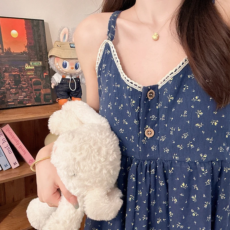 碎冰蓝吊带带胸垫睡裙女夏季女士纯欲睡衣夏天薄中长款裙子家居服