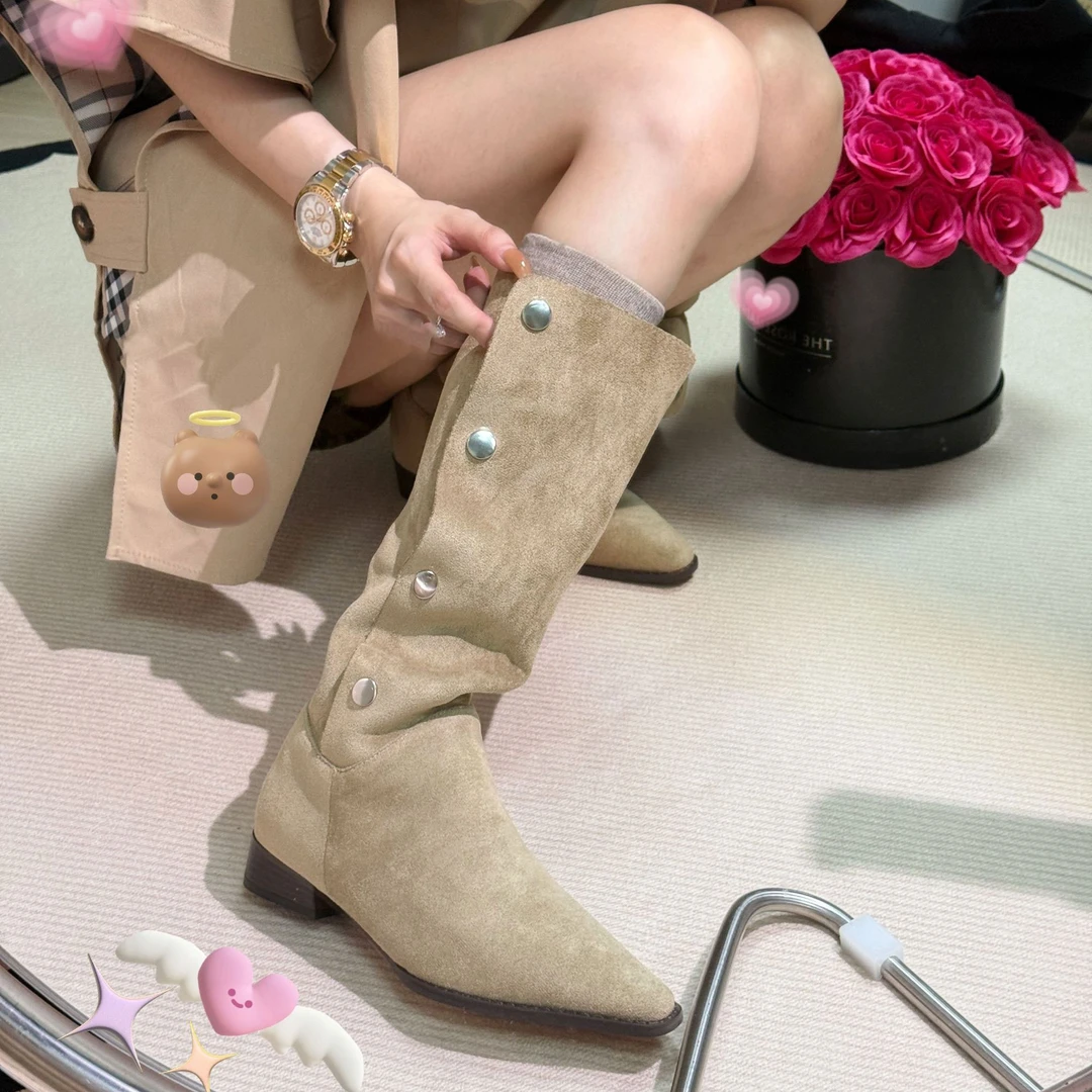 随意凹造一鞋多穿！ins杏色小粗跟堆堆靴瘦瘦显瘦长靴女中筒靴
