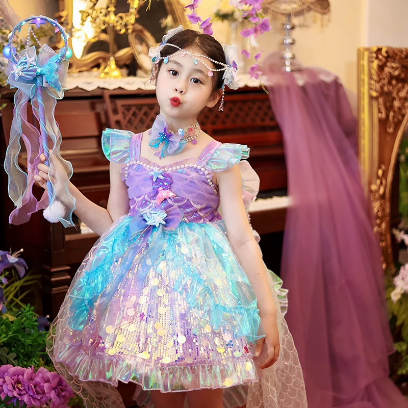 华丽亮片美人鱼女童仙女洛丽塔发光公主裙六一活动表演团购连衣裙