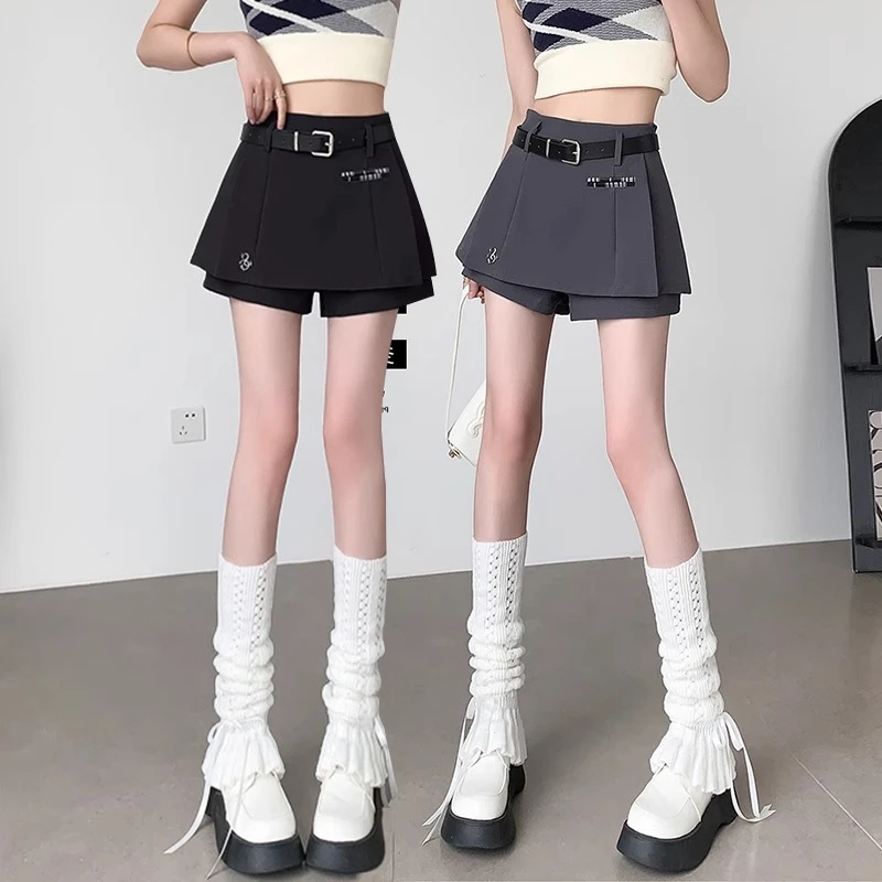 灰色高腰百褶短裤西装休闲学院风阔腿裤假两件裤裙半身裙显瘦短裙