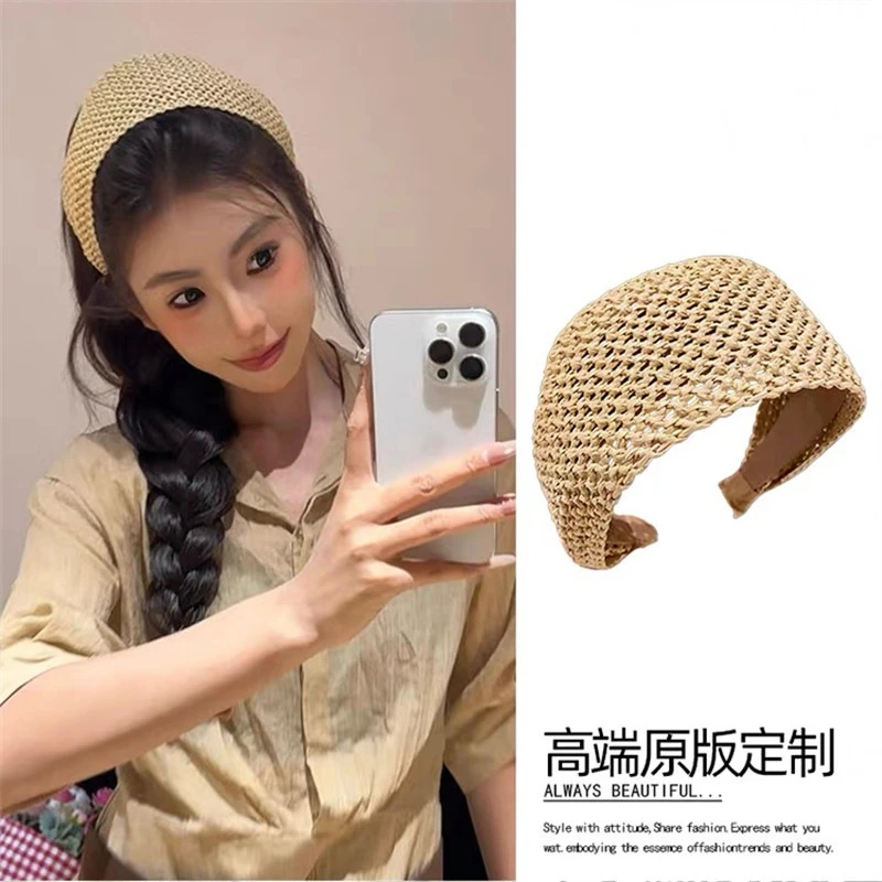 镂空草编发箍女款2025新款夏季宽边高颅顶头箍压发发卡度假风头饰