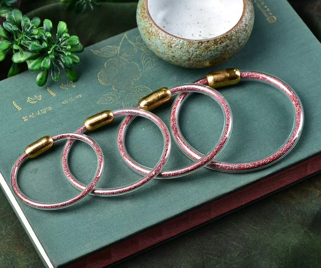 天然辰砂紫金砂流沙手镯情侣款亚克力配钛钢天然朱砂颗粒