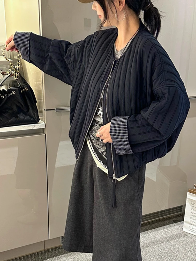 撞色拼接薄棉圆领开衫短外套女2025秋季新款宽松显瘦休闲夹克上衣