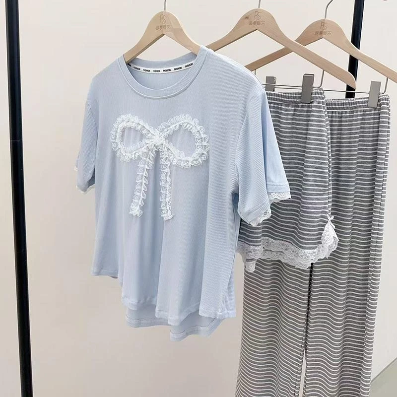 夏季蕾丝条纹时尚短袖三件套带圆领睡衣减龄休闲舒适女套装洋气