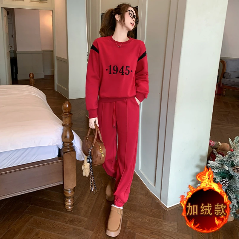 加绒红色圆领套头卫衣套装女冬加绒新款潮牌时尚休闲束脚裤两件套