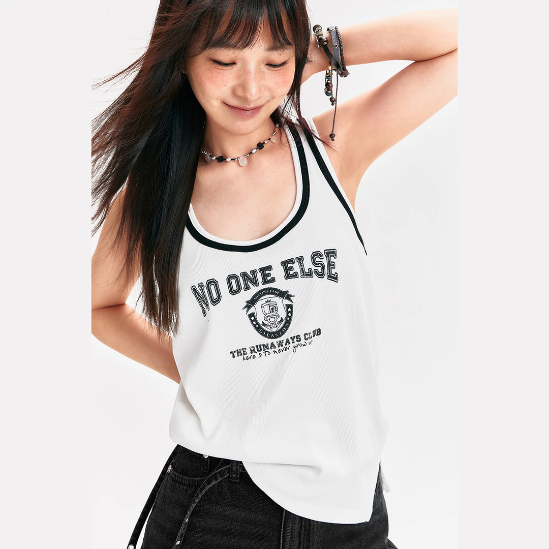 NO ONE ELSE美式复古女装拼接夏季修身内搭字母无袖上衣工字背心
