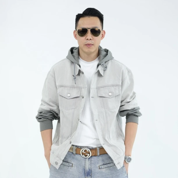 2025新款连帽假两件复古牛仔夹克百搭户外休闲男春季纯棉休闲男士