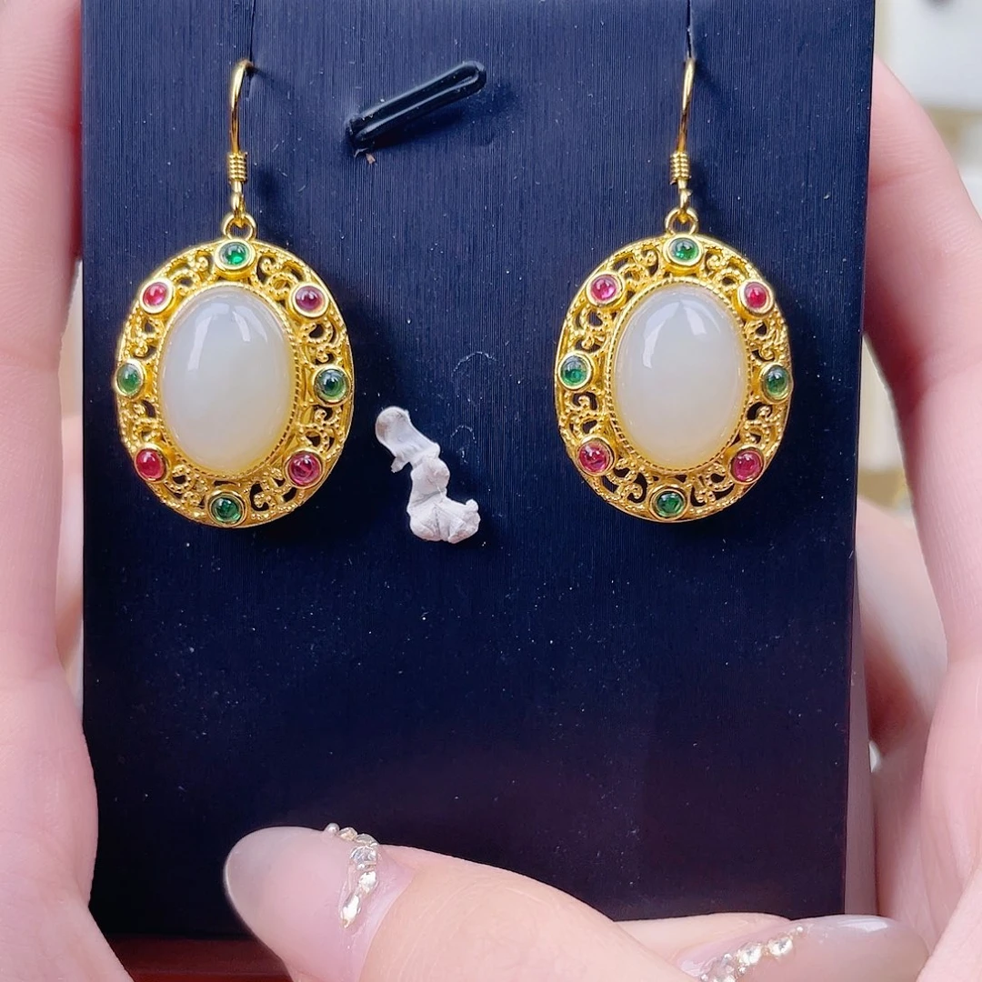 和田玉银S925镀金镶嵌耳饰