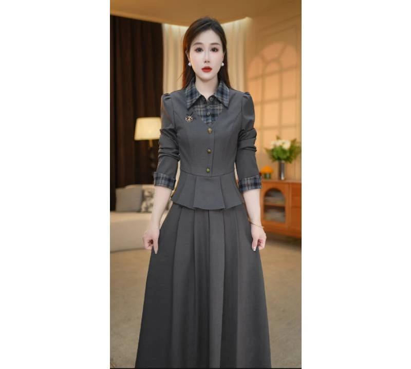 【两件套】秋季小翻领修身收腰显瘦显白中长款套裙M-4XL
