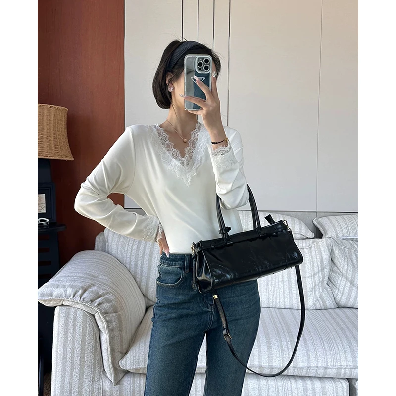 【mimius】U 纯欲气质蕾丝拼接V领长袖上衣