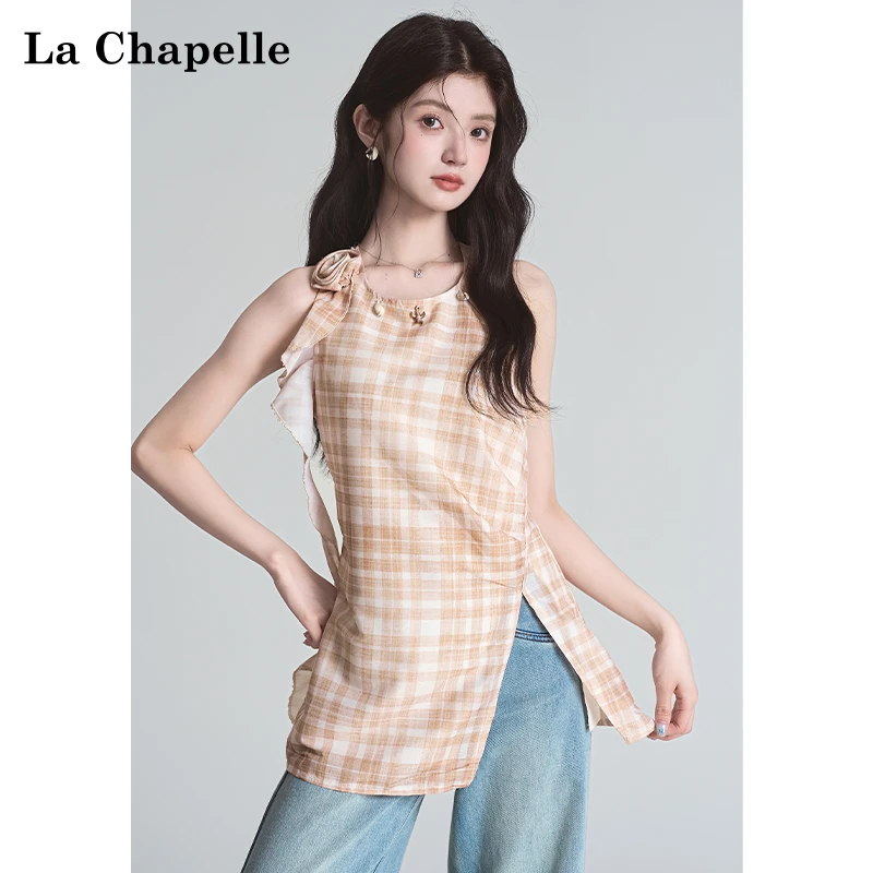 拉夏贝尔夏季韩版设计感法式复古格子背心裙女清新山茶花无袖上衣