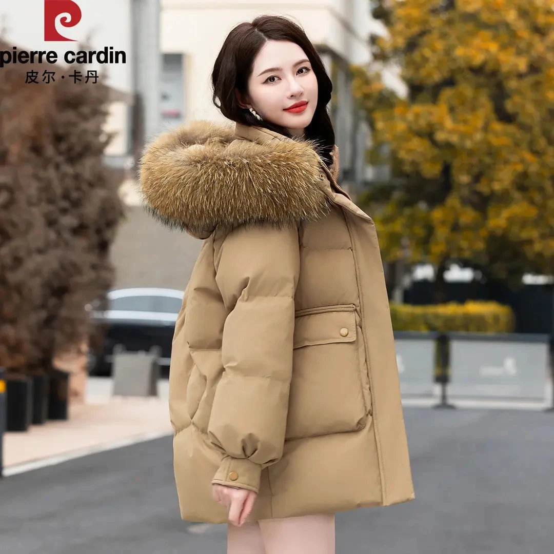 皮尔卡丹白鸭绒羽绒服女冬季中长款2025新款加厚小个子大毛领外套
