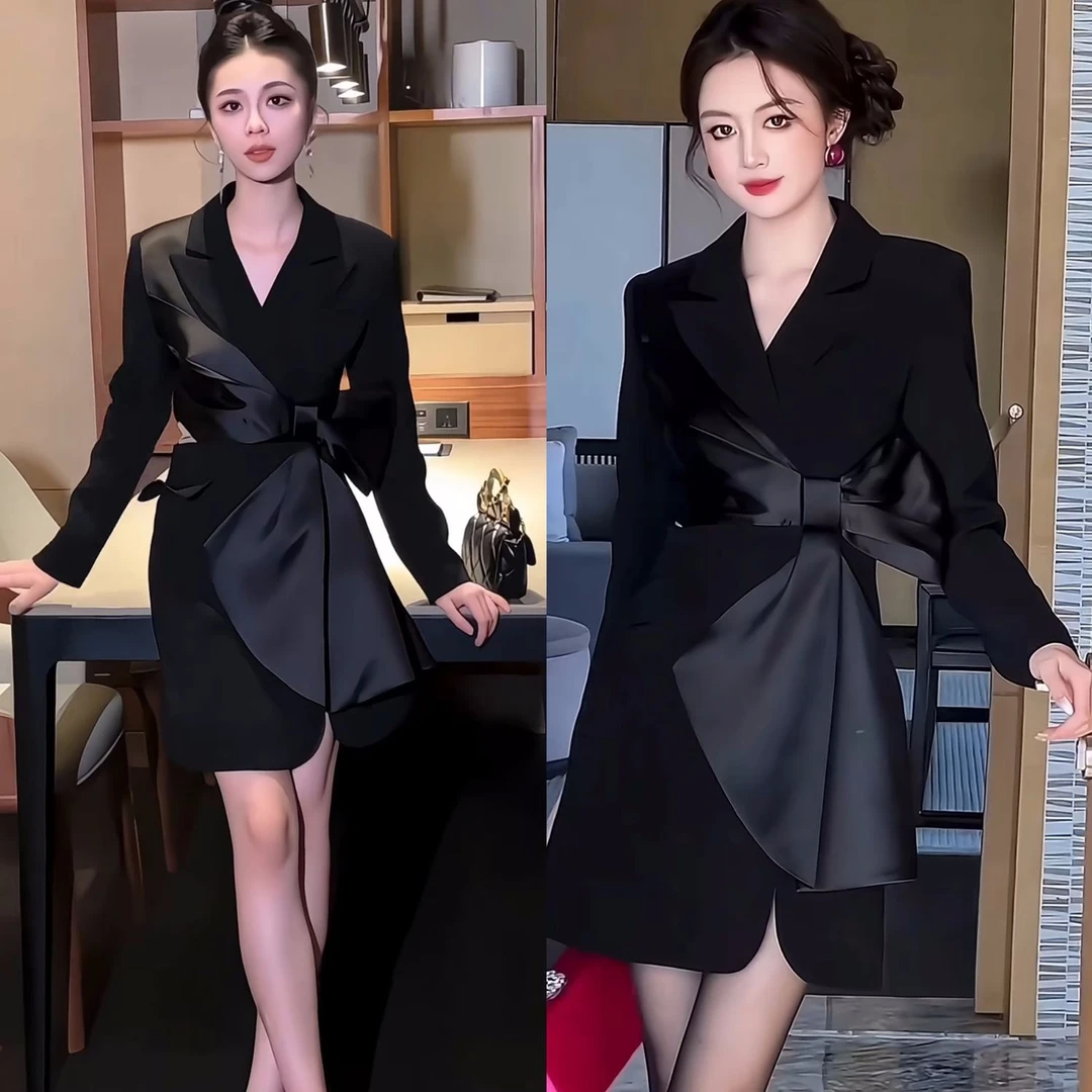 4936连衣裙女2025春季新款洋气蝴蝶结高级西装显瘦叠穿小黑裙