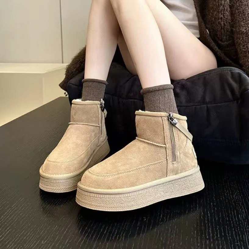 C2599 卡绿 冬季厚底圆头女士高帮保暖雪地靴