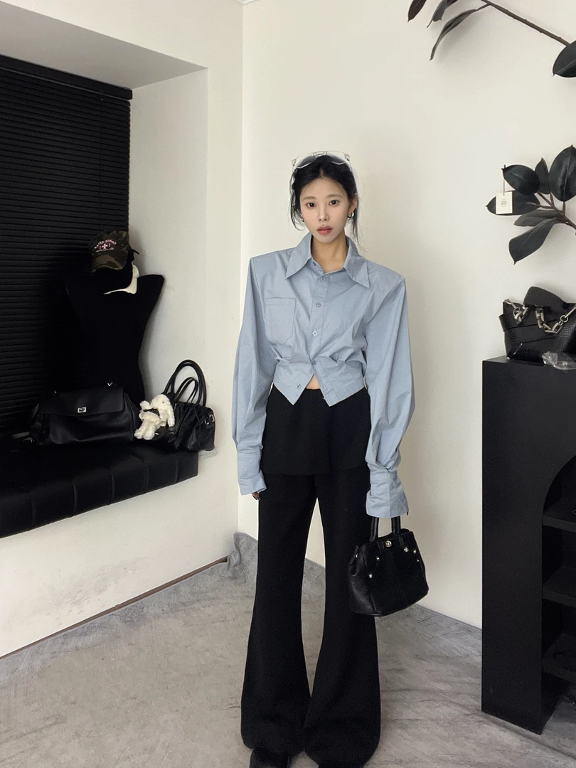 设计感小众后背绑带短款修身显瘦长袖衬衫气质上衣