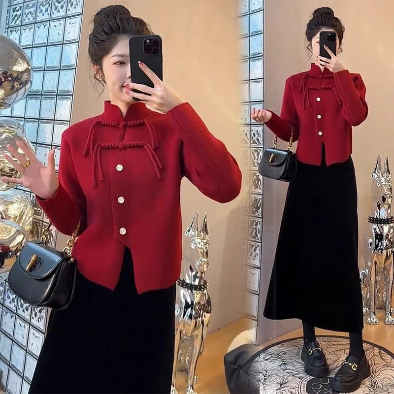 晨领【品质】秋冬装搭配国风新中式盘扣龙年过年红色毛衣服时尚