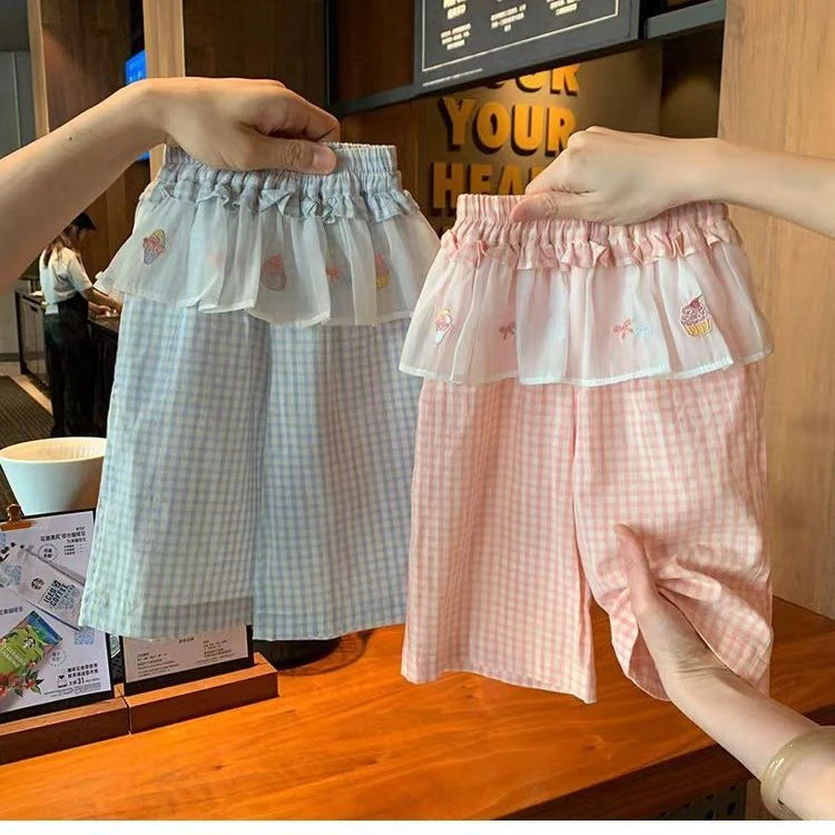 女童裤子童装洋气夏季阔腿裤小童宝宝幼儿园韩版时尚夏装格子裤潮