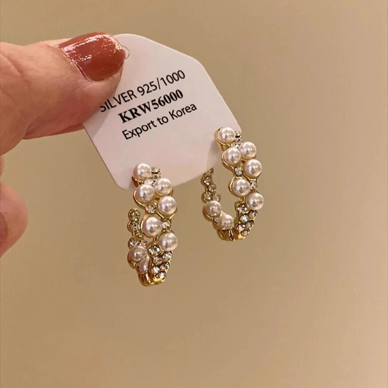 铜合金耳饰 适合圆脸的耳饰~气质珠珠耳圈轻奢高级感耳环春夏耳钉