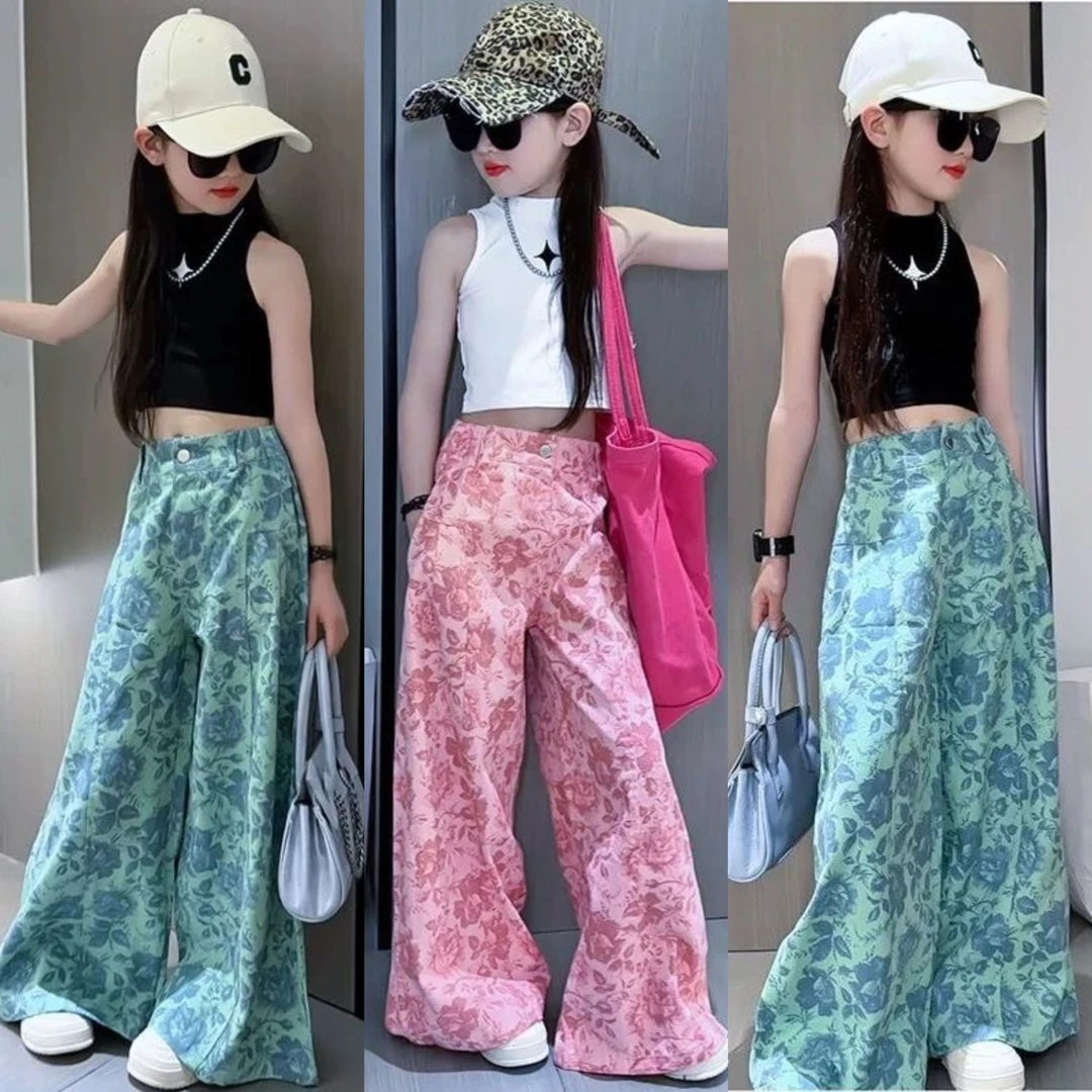 女童套装2025夏季新款气质百搭拖地裤女童宽松阔腿裤直筒休闲裤潮